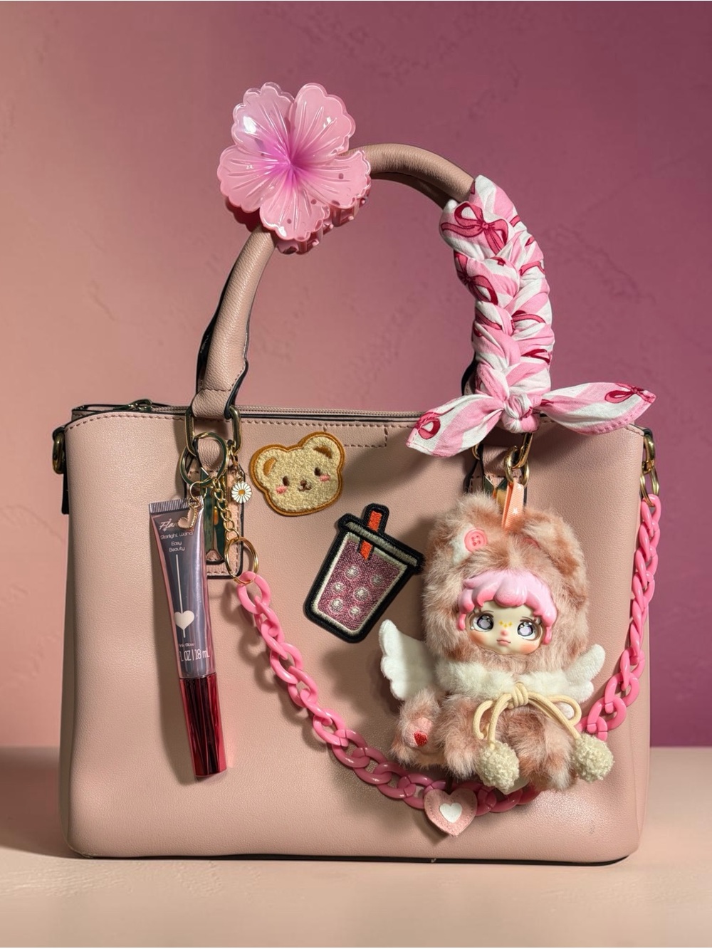 Chic Pink faux leather purse with authentic Dumia Plush. Collectible.